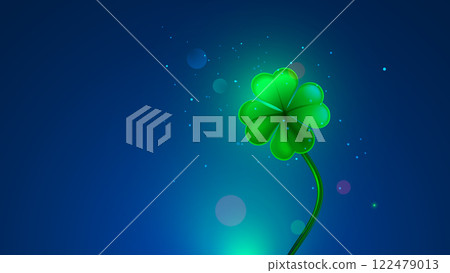 Four-leaf clover against clear evening sky. Magic 4 leaf clover that brings good luck. Clover with four leaves is an Irish symbol of luck. One minimalistic Clover background for St. Patrick Day. 122479013