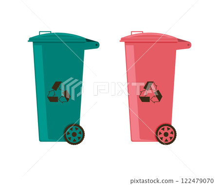 Trash can. Plastic garbage collection tank. A red and green trash can. A garbage recycling bin. Vector illustration isolated on a white background 122479070
