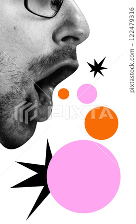 Conceptual graphic design. Black-and-white face with open mouth, colorful bubbles and star shapes emerging, creating speech, energy of words. 122479316