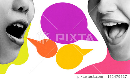 Conceptual graphic design. Two women energetically speaking, large colorful speech bubbles overlapping, symbolizing vibrant discussion, storytelling. Conceptual graphic design. Two women energetically speaking, large colorful speech bubbles overlapping, symbolizing vibrant discussion, storytelling. 122479317