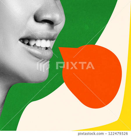 Conceptual graphic design. Smiling face with open mouth, vibrant orange speech bubble emerging, surrounded by colorful abstract shapes symbolizing expression. Conceptual graphic design. Smiling face with open mouth, vibrant orange speech bubble emerging, surrounded by colorful abstract shapes symbolizing expression. 122479326
