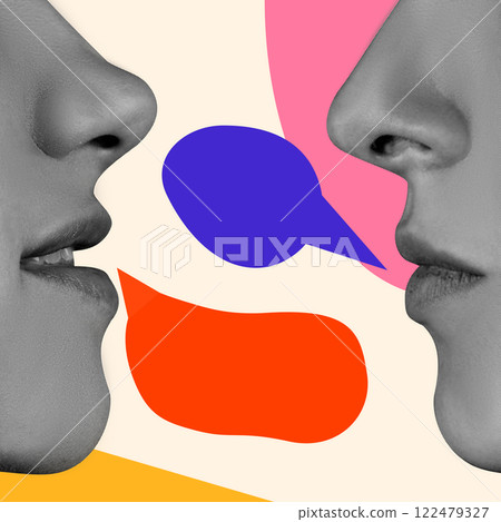 Conceptual graphic design. Two faces close together, black-and-white, speaking with colorful speech bubbles in surreal abstract representation of dialogue. 122479327