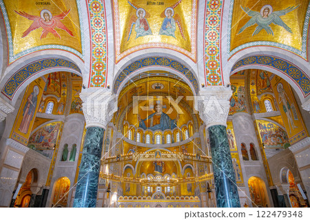 Ornate decorations and impressive mosaics adorn the interior of the Church of Saint Sava, one of the largest Orthodox churches in the world, located in Belgrade, Serbia. Ornate decorations and impressive mosaics adorn the interior of the Church of Saint Sava, one of the largest Orthodox churches in the world, located in Belgrade, Serbia. 122479348
