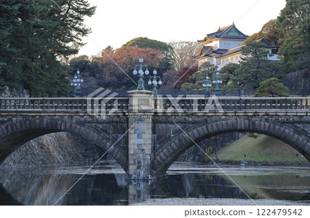 The Imperial Palace at dusk. Main gate stone bridge, Nijūbashi bridge, Fushimi turret The Imperial Palace at dusk. Main gate stone bridge, Nijūbashi bridge, Fushimi turret 122479542