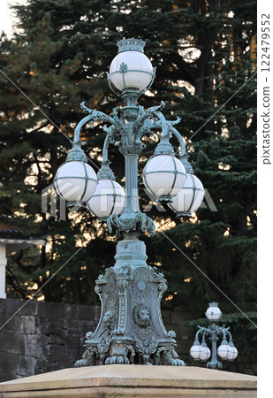 Decorative electric lights at the stone bridge at the main gate of the Imperial Palace 122479552