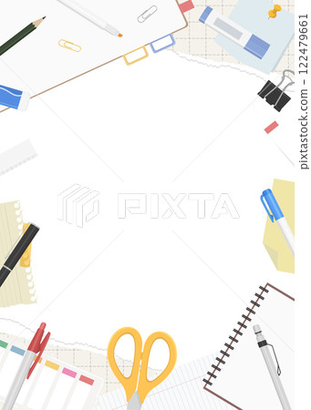 撕破的方格紙和文具的背景框，縱向方向 122479661