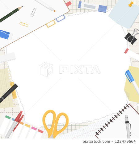 撕破的方格紙和文具背景框，正方形 122479664