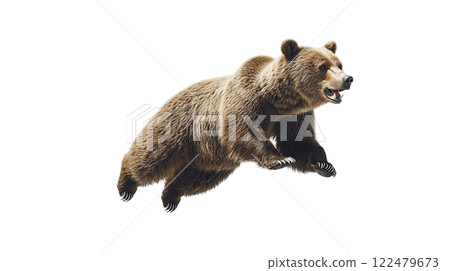 Bear jumps gracefully in a side view, showcasing power and agility in its natural movement 122479673