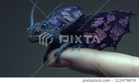 Intricate tiny gargoyle perched delicately on a fingertip showcasing unique details and vibrant colors 122479674