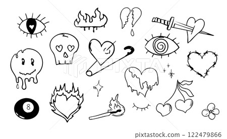 Psychedelic doodle heart barbed wire, with fire nd eye, graffiti groovy set. Retro tattoo grunge lucky ball, disko ball. Street sketch skull and fire vintage aesthetic. Psychedelic doodle heart barbed wire, with fire nd eye, graffiti groovy set. Retro tattoo grunge lucky ball, disko ball. Street sketch skull and fire vintage aesthetic. 122479866