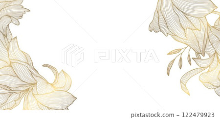 Vector golden line floral frame, line plant design, leaves decoration banner, luxury art wedding wallpaper. Spring, summer flower corners template. Vector golden line floral frame, line plant design, leaves decoration banner, luxury art wedding wallpaper. Spring, summer flower corners template. 122479923