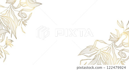 Vector golden line floral frame, line plant design, leaves decoration banner, luxury art wedding wallpaper. Spring, summer flower corners template. Vector golden line floral frame, line plant design, leaves decoration banner, luxury art wedding wallpaper. Spring, summer flower corners template. 122479924