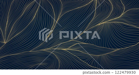 Vector art deco gold leaves pattern, line luxury elegant illustration, foliage floral plant print, nouveau textile, wavy jungle graphic. Vector art deco gold leaves pattern, line luxury elegant illustration, foliage floral plant print, nouveau textile, wavy jungle graphic. 122479930
