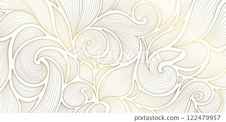 Vector art deco floral pattern, wavy luxury golden line background. Leaves texture, line design for interior, textile, poster, package, wrappers, gifts 122479957