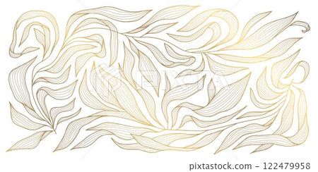 Vector art deco floral pattern, wavy luxury golden line background. Leaves texture, line design for interior, textile, poster, package, wrappers, gifts Vector art deco floral pattern, wavy luxury golden line background. Leaves texture, line design for interior, textile, poster, package, wrappers, gifts 122479958
