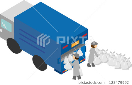 等距垃圾車和工人收集垃圾插畫 122479992