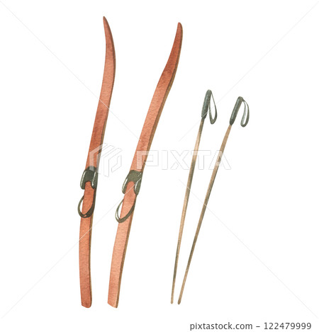 Retro red-brown skis with boot bindings with ski poles stuck in snow. Watercolor winter illustration hand drawn. Set of individual elements isolated from background Retro red-brown skis with boot bindings with ski poles stuck in snow. Watercolor winter illustration hand drawn. Set of individual elements isolated from background 122479999