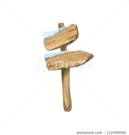 Information pole with arrow boards wooden for direction and way indication, with snow. Watercolor winter illustration hand drawn. Separate element object isolated from background. Information pole with arrow boards wooden for direction and way indication, with snow. Watercolor winter illustration hand drawn. Separate element object isolated from background. 122480000