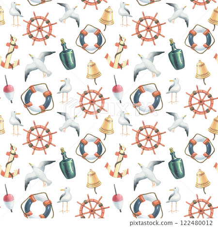 Watercolor illustration with anchor, seagulls, steering wheel, lifebuoy, rynda, bottle, float. Seamless pattern on the theme of sea fishing. For decoration and design of, fabrics, textiles, wallpaper 122480012