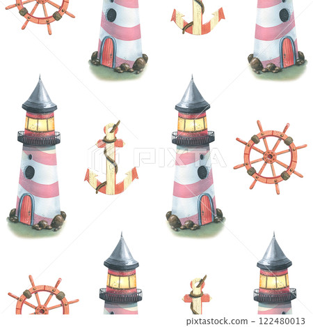 Seamless marine pattern on a white background with lighthouses, steering wheels and anchors. Watercolor illustration. For fabric, textiles, wallpaper, paper, packaging, children's products 122480013
