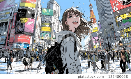A young woman shouting in the street 122480038