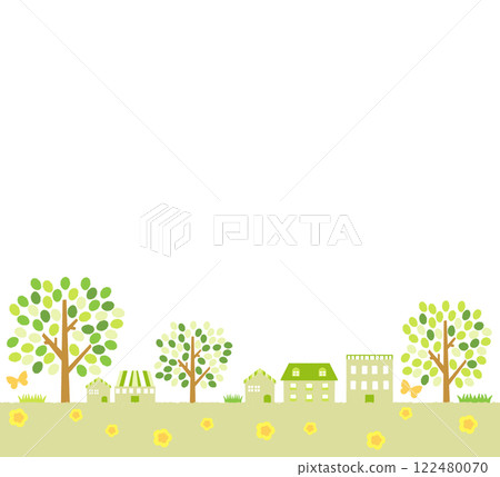 Green residential area Spring streetscape Background material 122480070