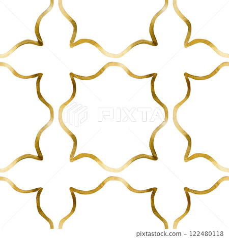 Islamic golden ornament seamless pattern. Arabesque, Ottoman, Oriental decorative design. Watercolor hand painted isolated illustration for Ramadan Kareem, Muslim holiday, Eid Mubarak, Al Fitr, Adha Islamic golden ornament seamless pattern. Arabesque, Ottoman, Oriental decorative design. Watercolor hand painted isolated illustration for Ramadan Kareem, Muslim holiday, Eid Mubarak, Al Fitr, Adha 122480118