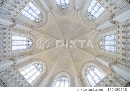The stunning ceiling of the Schwarzenberg Tomb reveals intricate architecture and beautiful stained glass. Located in Domanin near Trebon, the tomb showcases historical artistry and design. 122480328