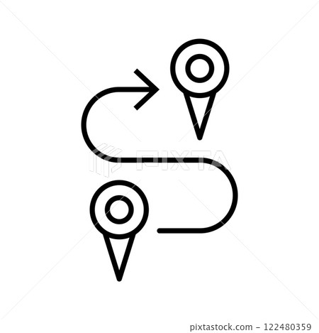 Route between two map pins, indicating direction and travel, isolated on a white background. Geolocation map path distance. 122480359