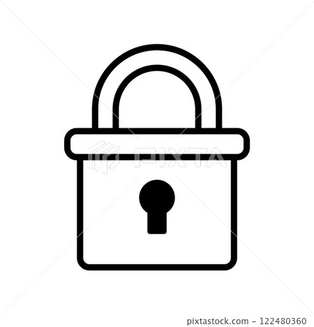 Closed, rectangular padlock with a keyhole and shackle, isolated on a white background. 122480360