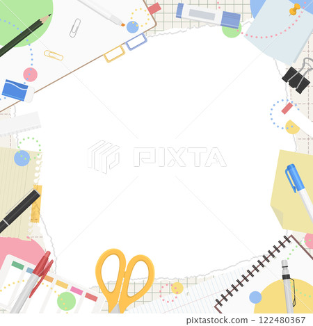 Torn graph paper and stationery frame background, pop design, square size 122480367