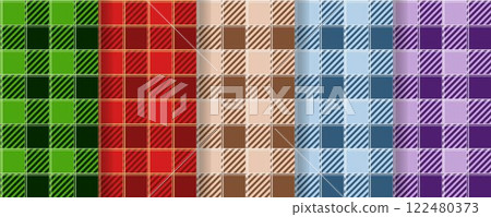 Set checkered seamless patterns in red, green, beige, blue and purple Set checkered seamless patterns in red, green, beige, blue and purple 122480373