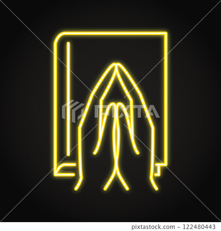 Praying hands over holy book neon icon 122480443