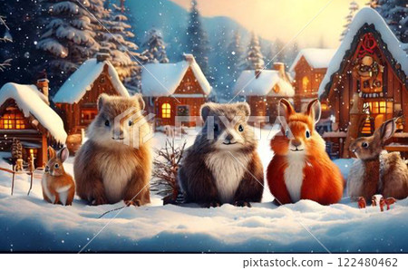 Cute animals in winter town 2 122480462