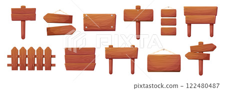Wood plank signboard frame wooden texture game signpost, farm garden or jungle pointing panel. Set menu ui design. Outdoor empty textured arrow Wood plank signboard frame wooden texture game signpost, farm garden or jungle pointing panel. Set menu ui design. Outdoor empty textured arrow 122480487