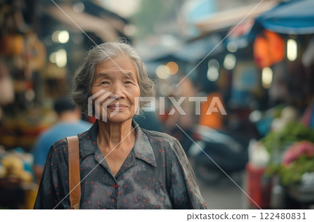Content retired woman enjoying a leisurely walk with a gentle smile and a bustling market background 122480831