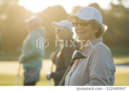 Smiling retired woman playing golf with her friends on a beautiful, sunlit course, showcasing active lifestyle in golden years 122480847