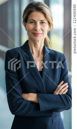 Professional portrait of a seasoned executive woman in a business suit, radiating confidence with a slight smile in an office environment 122480890