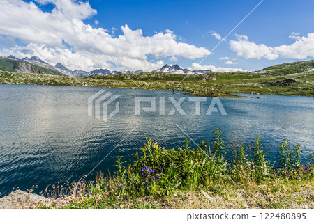 Mountain landscape with lake at Grimsel Pass in the Swiss Alps, Canton Valais, Switzerland 122480895