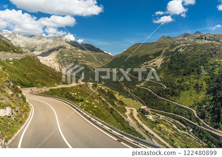 Serpentines of the Grimsel and Furka Pass roads in the Swiss Alps, Canton Valais, Switzerland 122480899