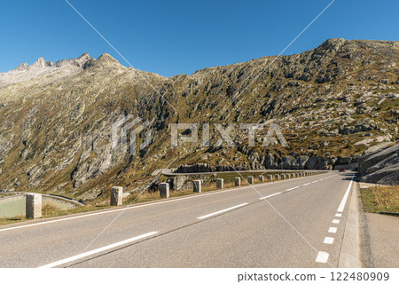 Grimsel Pass road in Bernese Oberland in the Swiss Alps, Canton of Bern, Switzerland 122480909