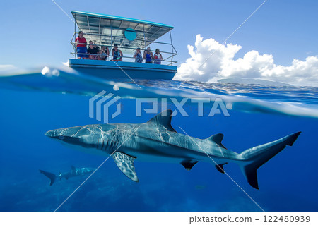 Family on a boat tour watches in awe as a majestic shark swims in the clear blue waters below 122480939