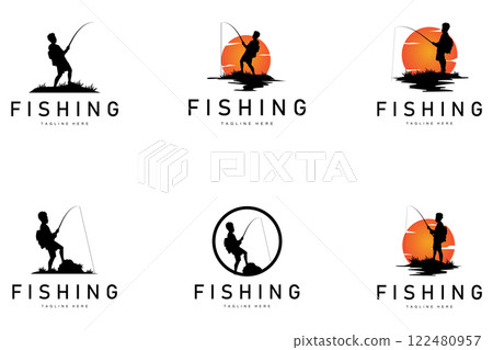fishing logo black silhouette angler design and outdoor sunset fishing logo black silhouette angler design and outdoor sunset 122480957