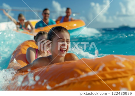 Joyful family enjoys an exhilarating banana boat ride, splashing through blue waves under a sunny, clear sky on vacation 122480959