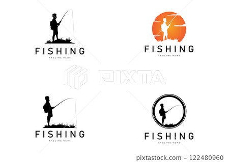 fishing logo black silhouette angler design and outdoor sunset fishing logo black silhouette angler design and outdoor sunset 122480960