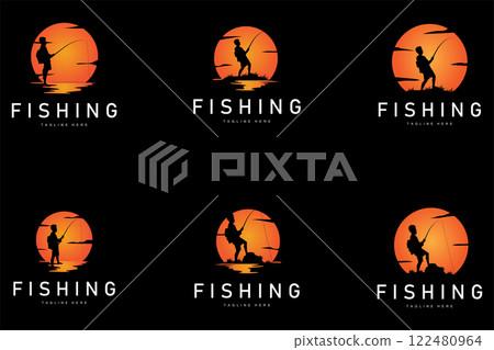 fishing logo black silhouette angler design and outdoor sunset fishing logo black silhouette angler design and outdoor sunset 122480964