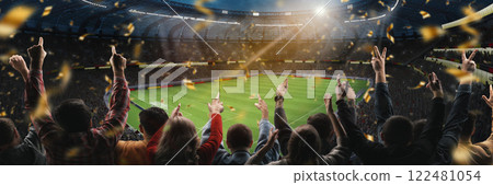 Victory moment. Soccer fans celebrating goal, raising hands up at packed stadium with falling confetti. Victory moment. Soccer fans celebrating goal, raising hands up at packed stadium with falling confetti. 122481054