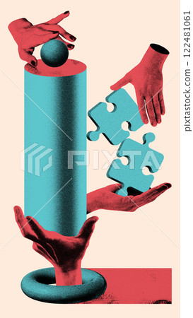 Collaboration in motion. Multiple hands work together with abstract geometric shapes symbolizing cooperation. 122481061