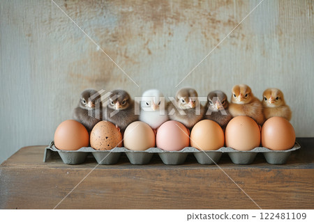 Chicks lined up with eggs 122481109