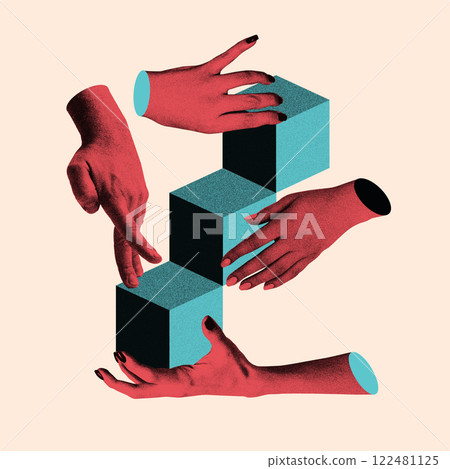 Surreal teamwork illustration in cover design style, showing hands positioning blocks into structured form. Surreal teamwork illustration in cover design style, showing hands positioning blocks into structured form. 122481125
